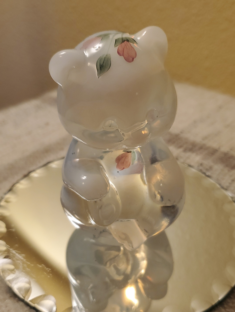 Fenton Clear Glass Bear Figurine with Pink Floral Accents